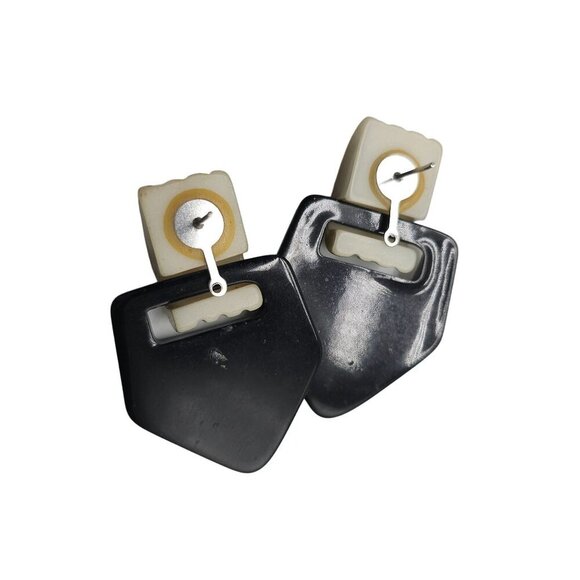 1980s Black Acrylic Triangle Dangle Drop Earrings Hoop Closure Vintage - Picture 3 of 4